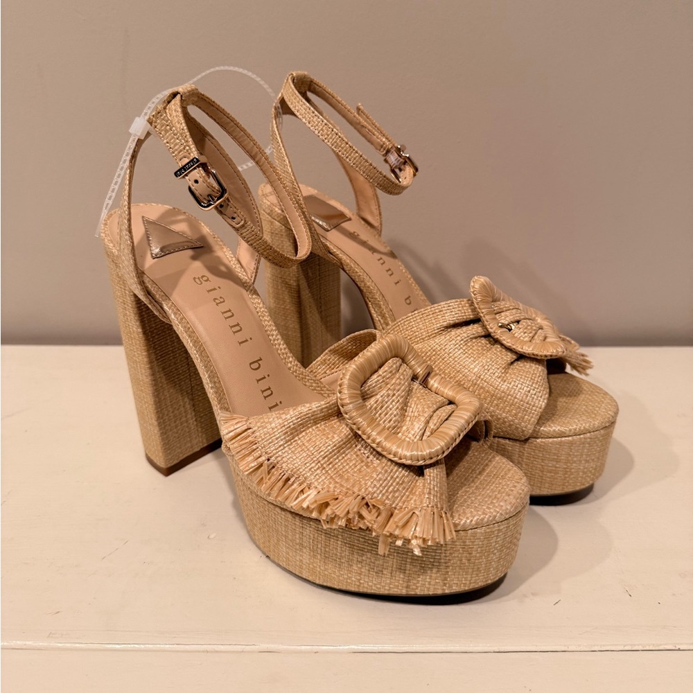 Gianni Bini Hollywood Raffia Mismatched Buckle Platform Sandals